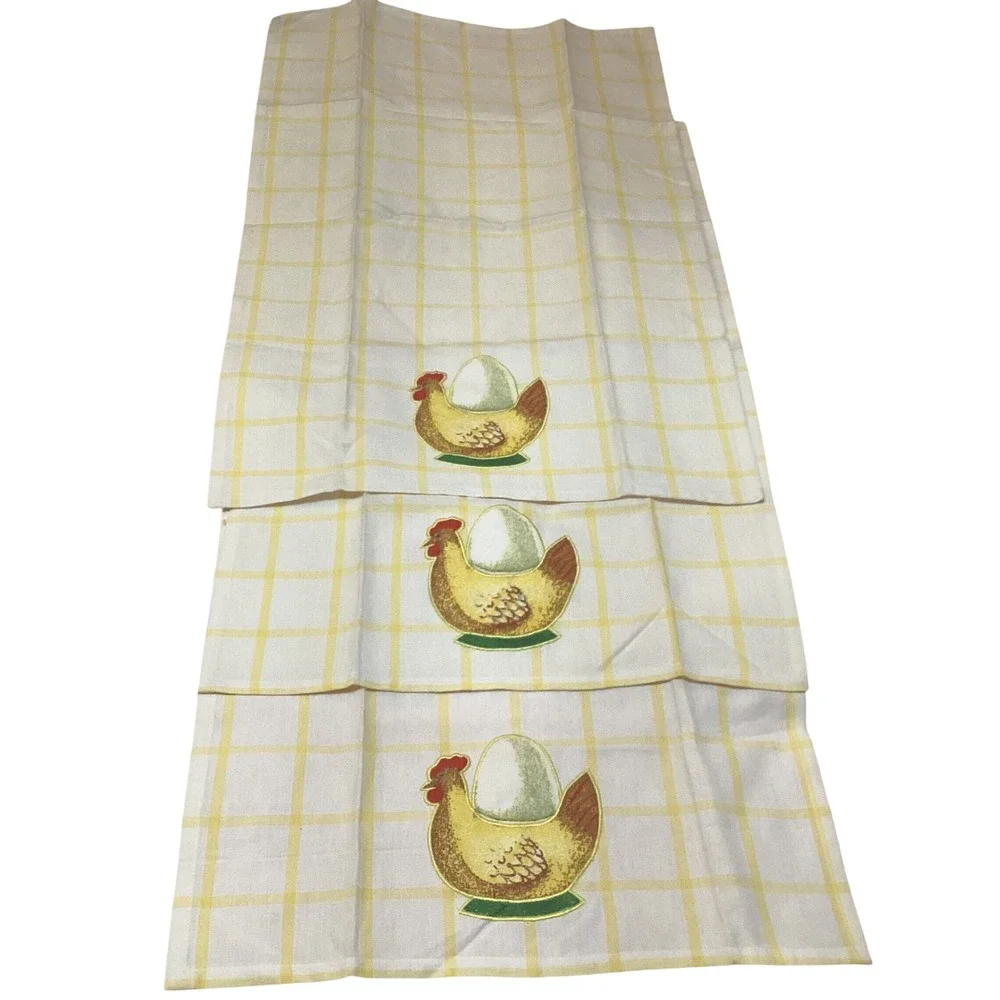 Dept 56 Sunday Brunch Cotton Tea Towels Set of 3 Yellow Plaid Hen Egg 27x18